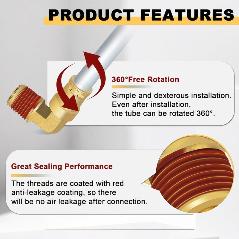 Siptenk 1/4" Elbow DOT Brass Push to Connect Air Line Fittings 5 PCS, 1/4" OD Tube x 1/4" NPT Thread Air Brake Line Quick Connect Fittings for Truck Trailers Industry Air System - Image 3